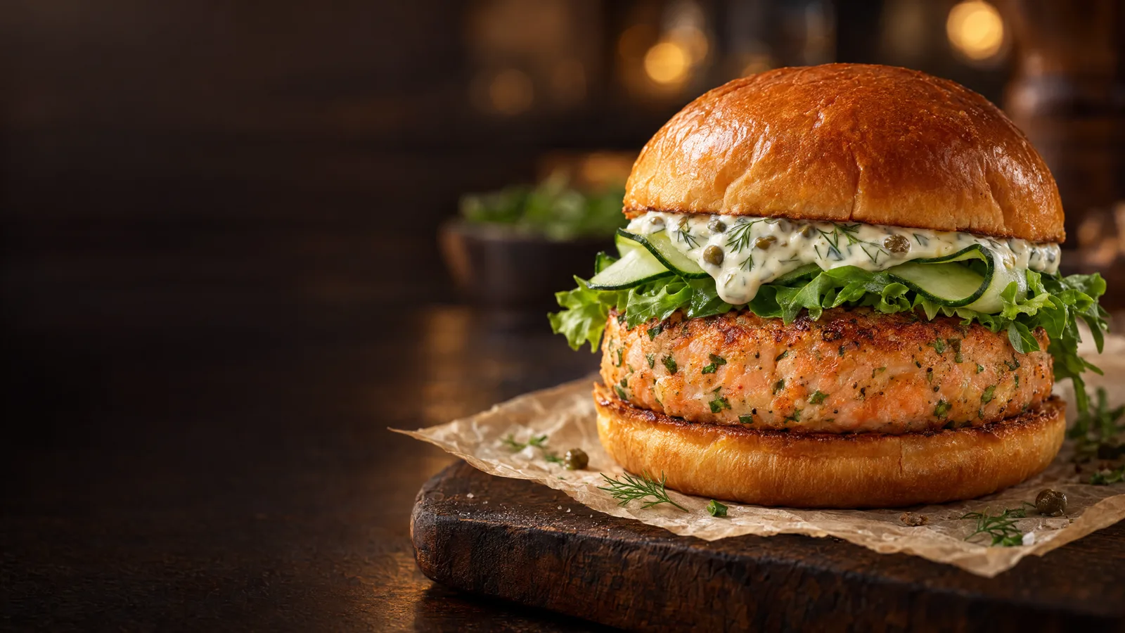 Premium salmon burger served in a bun with green leaves and herb dressing