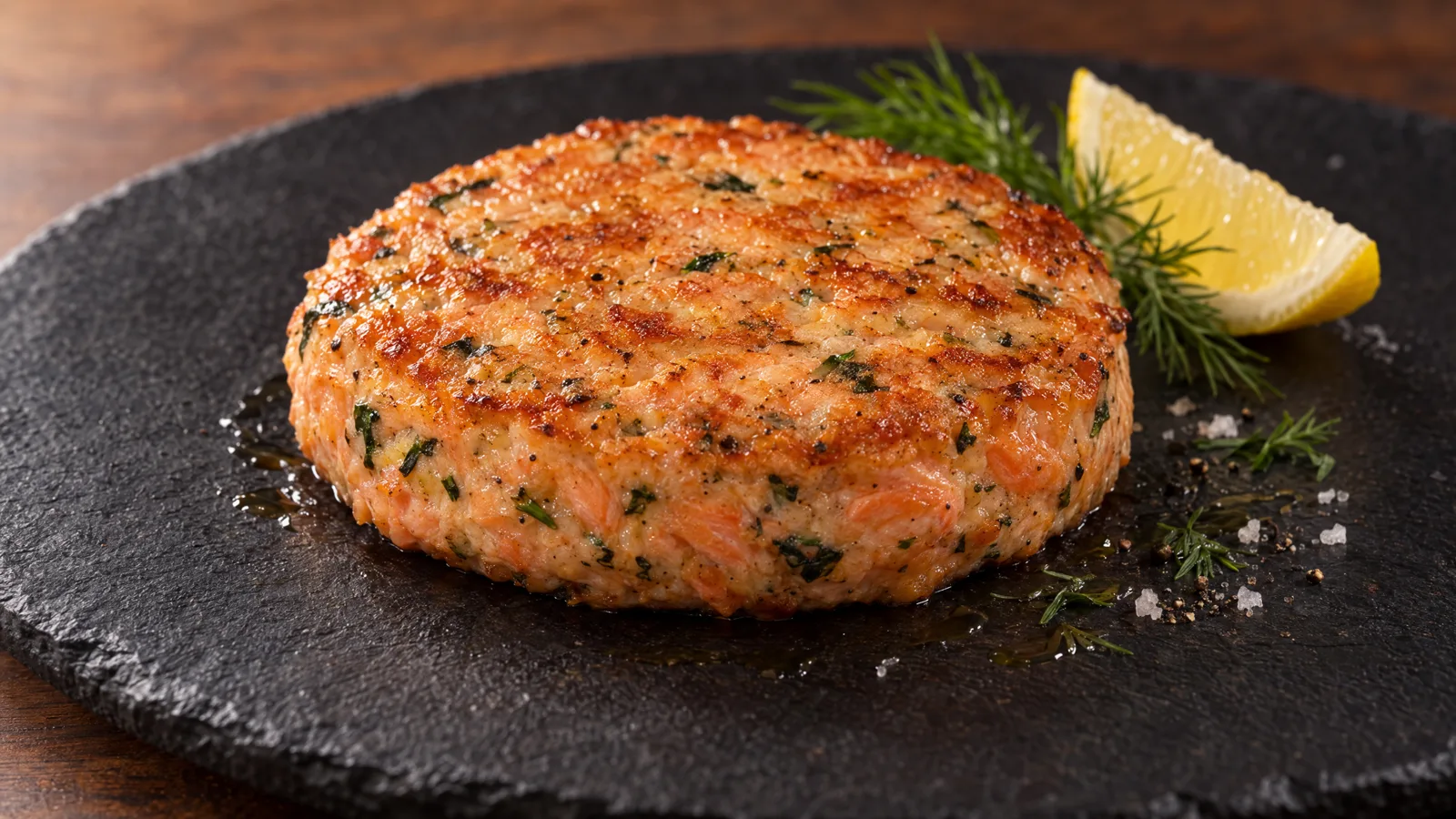 A cooked, uncoated salmon burger with visible salmon pieces and herb flecks